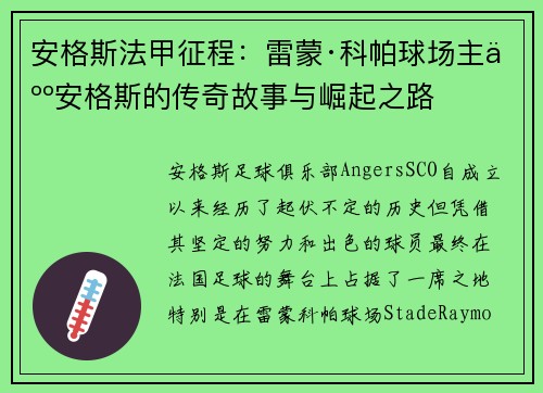 安格斯法甲征程：雷蒙·科帕球场主人安格斯的传奇故事与崛起之路
