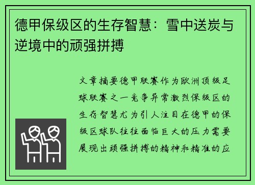 德甲保级区的生存智慧：雪中送炭与逆境中的顽强拼搏