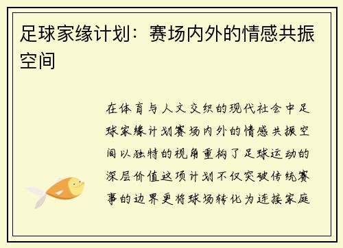 足球家缘计划：赛场内外的情感共振空间