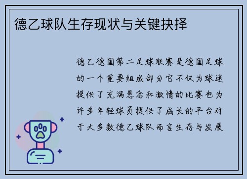 德乙球队生存现状与关键抉择