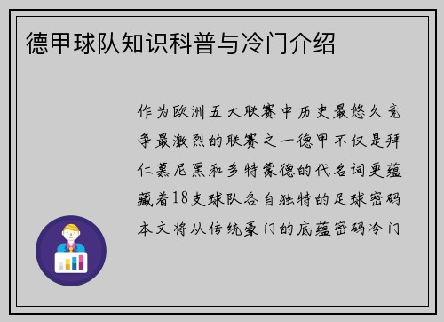 德甲球队知识科普与冷门介绍